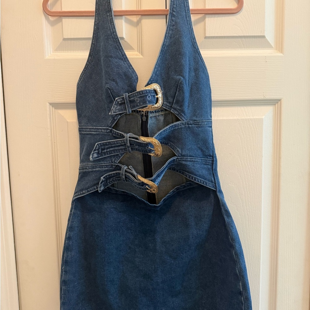 Commense Dark Denim Mini Dress with Buckle Cutouts